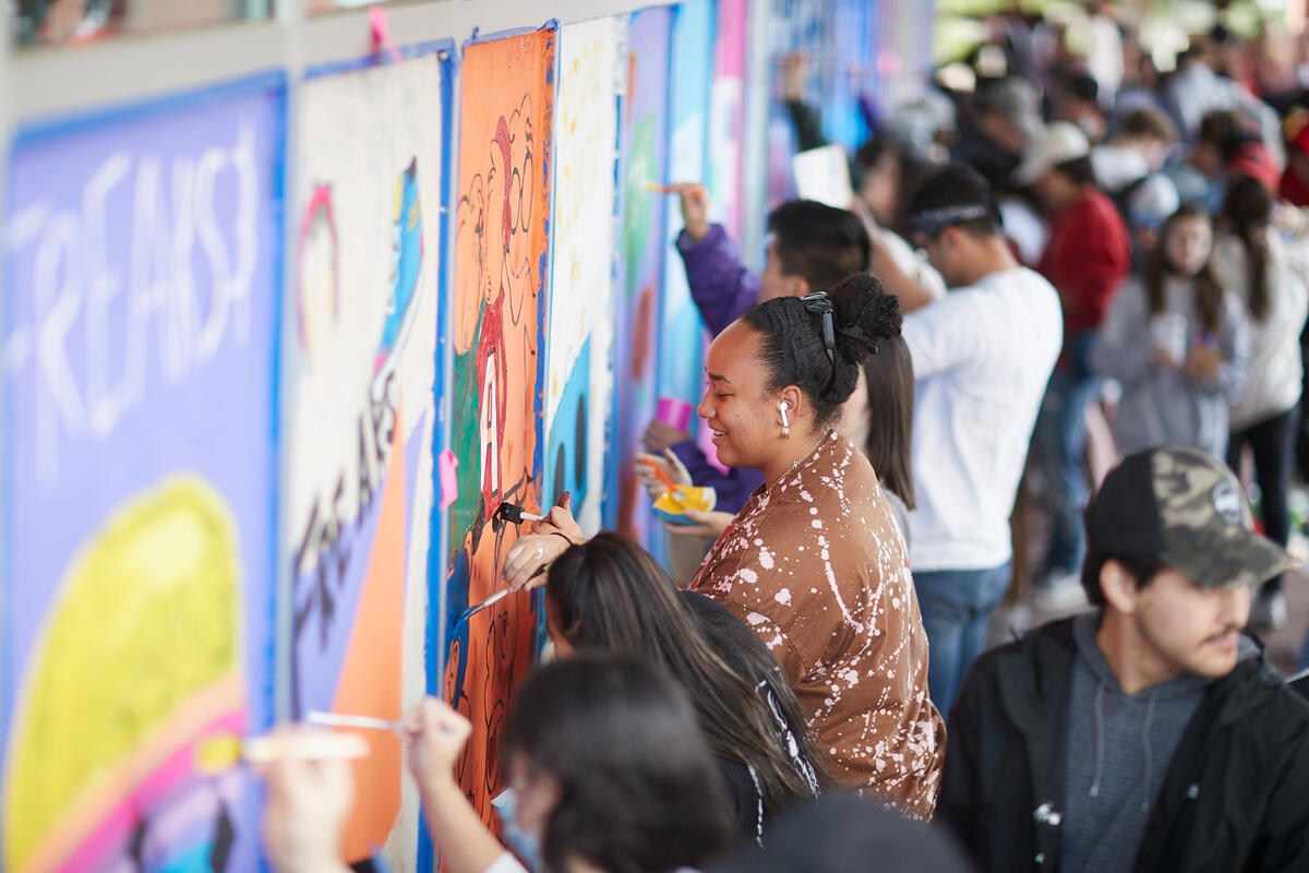 students painting on mural