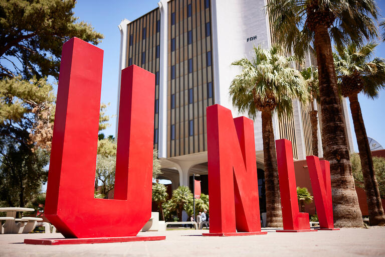large UNLV letters with FDH in the background