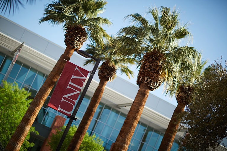 Palm trees and U.N.L.V. banner