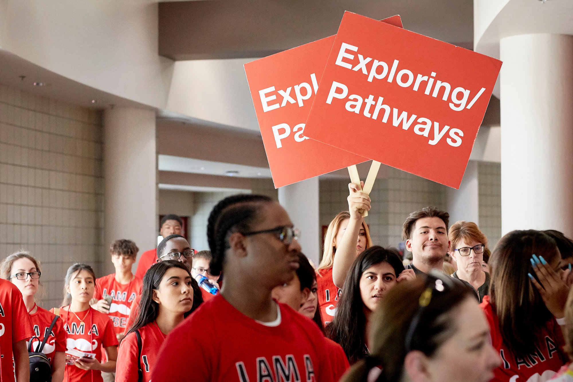 A group of students congregate for orientation