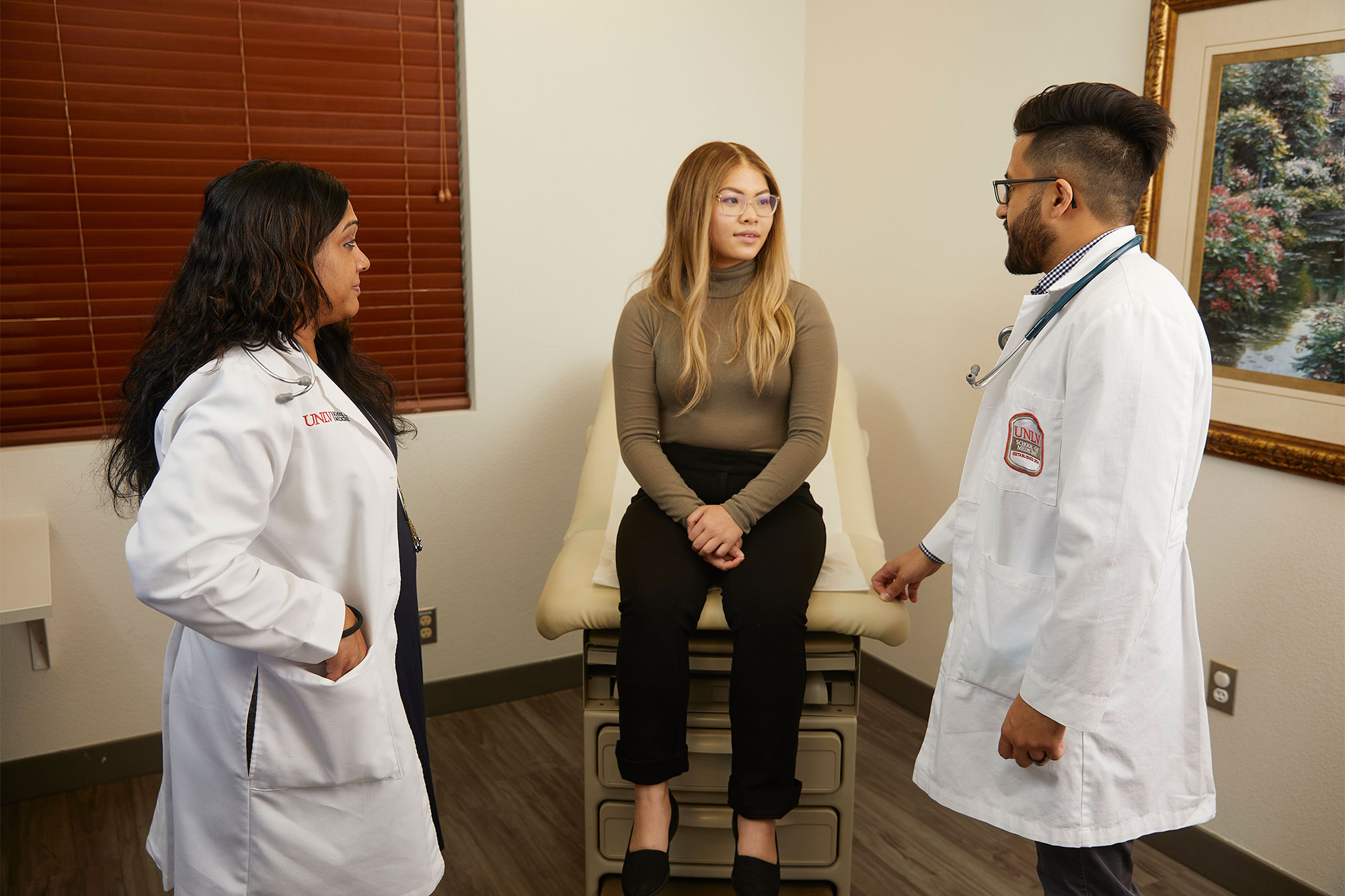 Dr. Aditi Singh, associate professor; Dr. Osman Rahimi, medical resident; and actor/patient Taylor Lam.