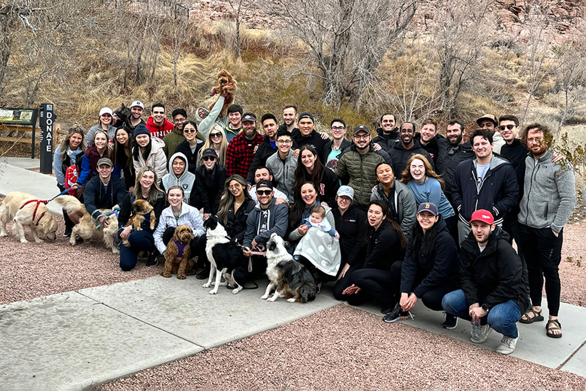 A group of people with dogs and a baby