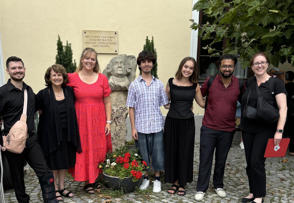 Left to Right: Andrew Vasquez (student), Dean Nancy Uscher, Kimberley James (faculty), Jonathon Rosas Gutierrez (student), Madelyn Salazar (student), Rizwan Jagani (alumnus), Ashlea Sheridan (DMA student)