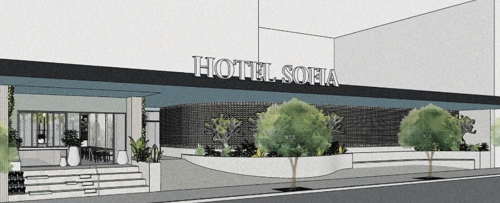 Architectural design of a building with hotel name &quot;Hotel Sofia&quot; clearly visible.