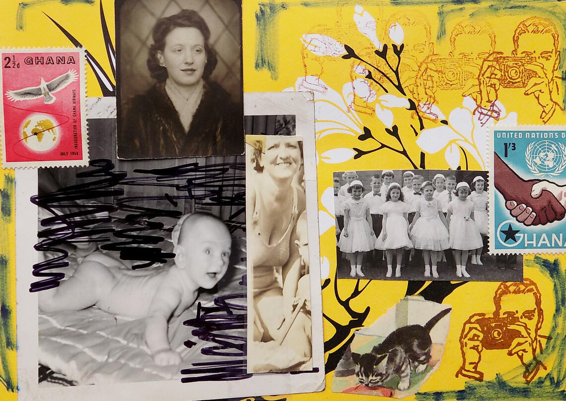 A two-dimensional collage that includes vintage black and white portrait photos, two stamps from Ghana, and an illustration of a cat from a children's book. The pictures are stuck to a yellow flowery background and embellished with ink-stamped images of a man aiming a camera at the viewer.