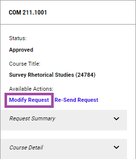 A menu screenshot highlighting modify requests