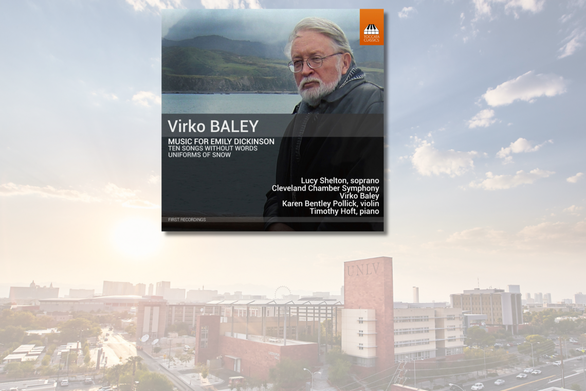 CD cover showing old man at a body of water atop a light background showcasing the UNLV skyline