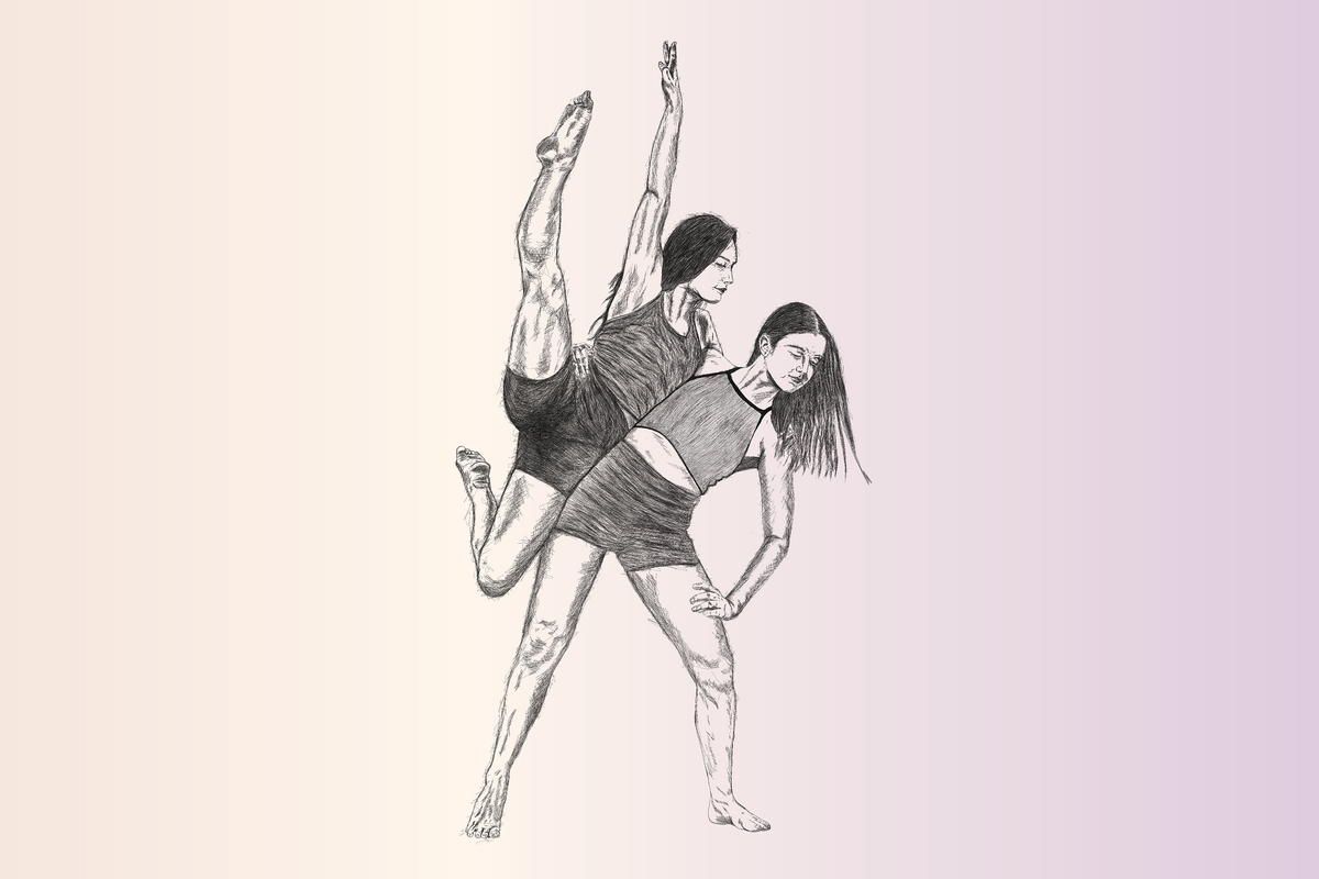 One dancer, on the right, looks down; on her hip, she holds another dancer aloft.