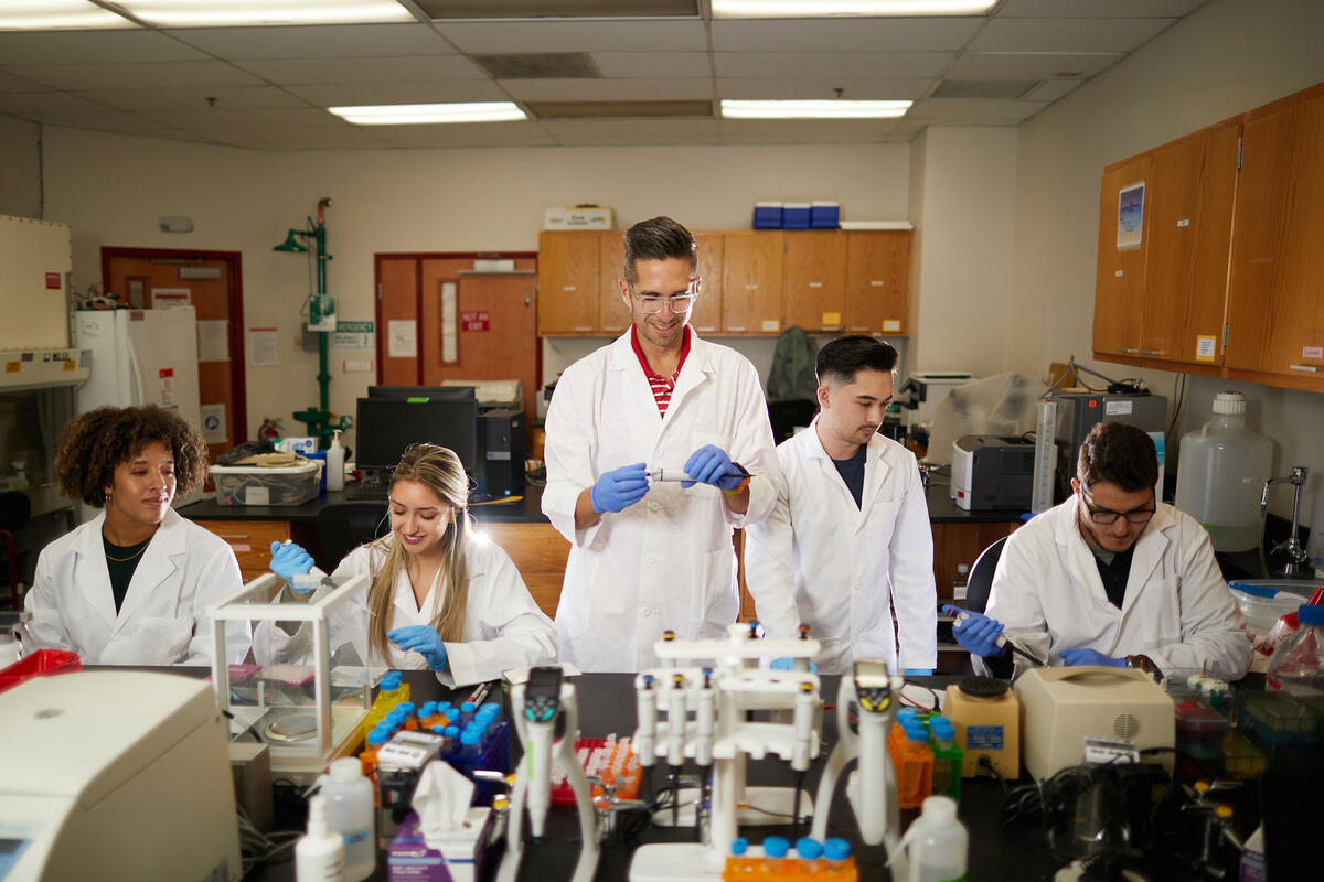 A group of five people conducting an experiment