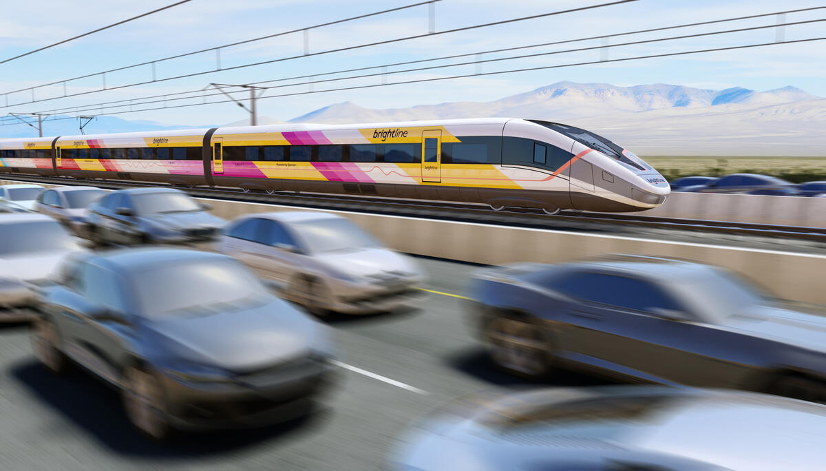 digital illustration of a high speed train and cars on the road