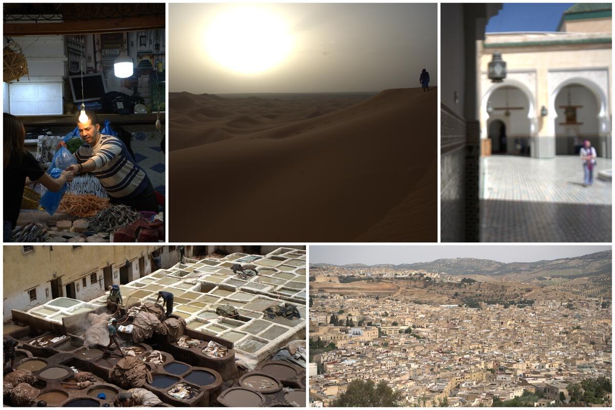 collage of five photos with scenes of Morocco