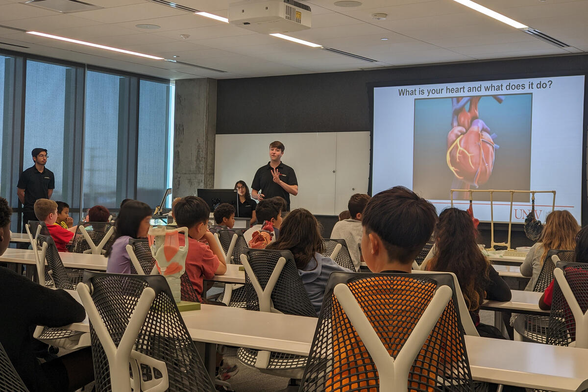 Fourth-year medical students at the Kirk Kerkorian School of Medicine at UNLV teaching anatomy to K-fifth graders.