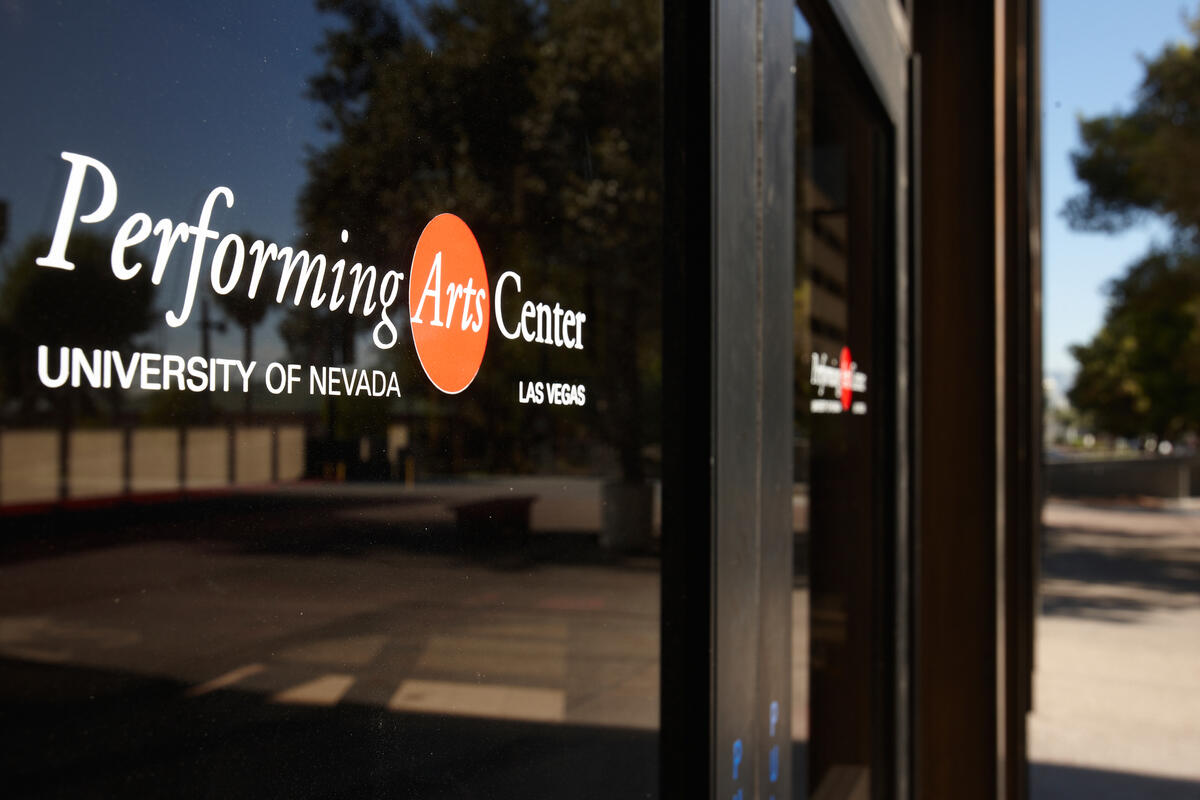 UNLV Performing Arts Center logo on a window