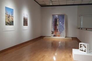 Wide shot of three pieces of the SKY ISLAND exhibition at the Donna Beam Gallery.