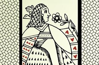 The image is a playing card displaying a queen of hearts.