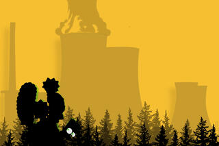 A mother (in shadow, looking suspiciously like a Simpsons character, holding a child, looking suspiciously like Lisa Simpson, look towards a nuclear power plant from a wooded area.