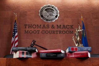 William S. Boyd School of Law, Thomas &amp; Mack Moot Court Room with courtroom accessories