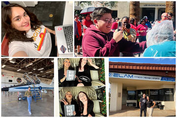 collage of five photos with students doing internships