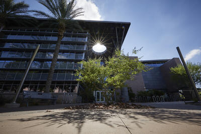 Exterior of Rec Center with sun shining