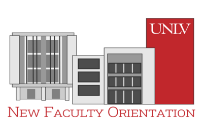 New Faculty Orientation logo featuring stylized images of four campus buildings in a line on a transparent background