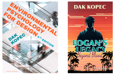 Logan's Legacy Beyond Blood cover art with man in shadow against an orange backdrop, Environmental Psychology for Design cover with a blurry photos of an escalator.