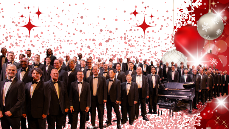 The members of the Las Vegas Men's Chorus are superimposed over a holiday scene in this promotional photo.