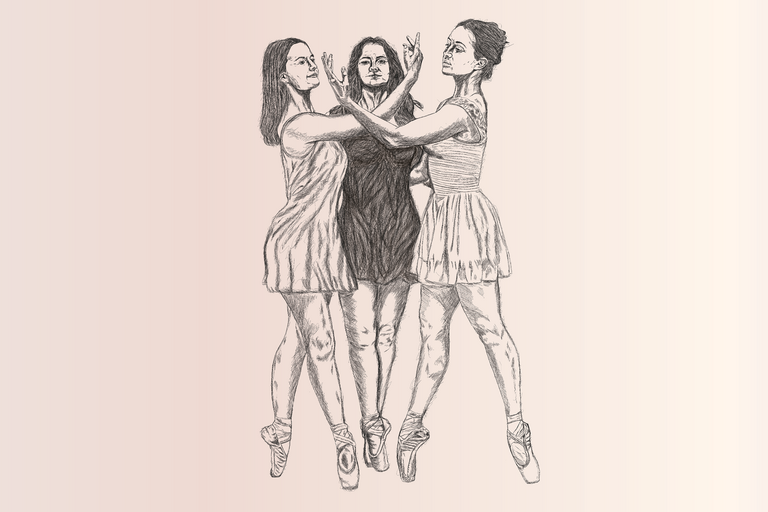 Three dancers, 2 of them with arms crossed in front of the other, are featured in this drawing.