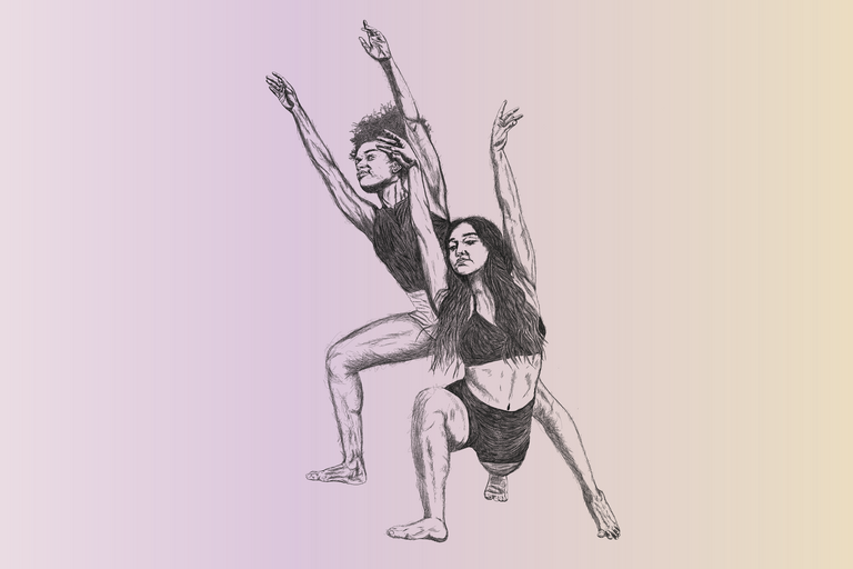 Two dancers with arms outstretched or on a stage in this drawing.