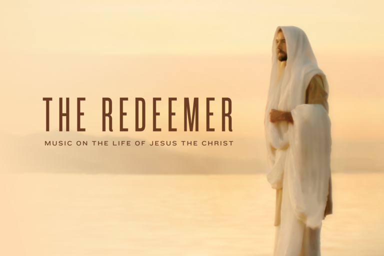 A picture of a man who might look like Jesus standing near a lake looking off to the west. The text reads, &quot;The Redeemer: Music on the Life of Jesus the Christ.&quot;