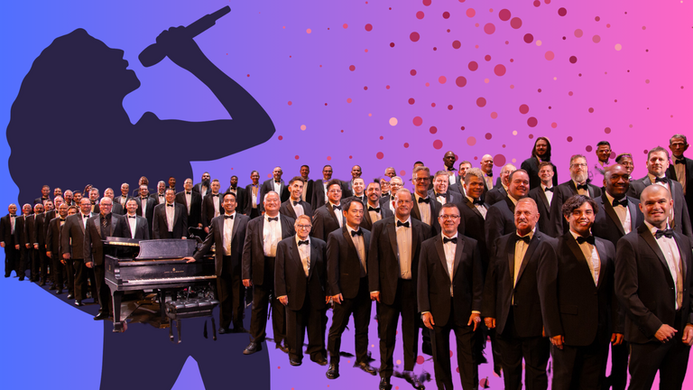 The members of the Las Vegas Men's Chorus are superimposed over a shadow of a lady singing in this promotional photo.