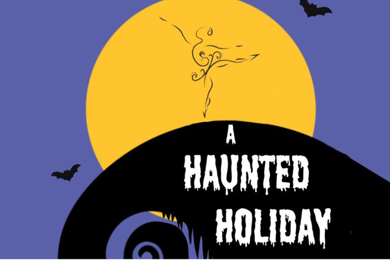 An image of a dancer in front of a golden moon. The text reads, &quot;A Haunted Holiday.&quot;