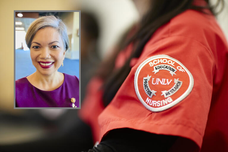 image of UNLV nursing patch on student's sleeve and inset picture of administrator