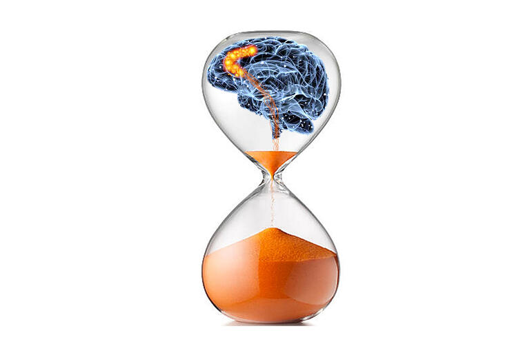 illustration of an hourglass with a brain at the top and sand at the bottom