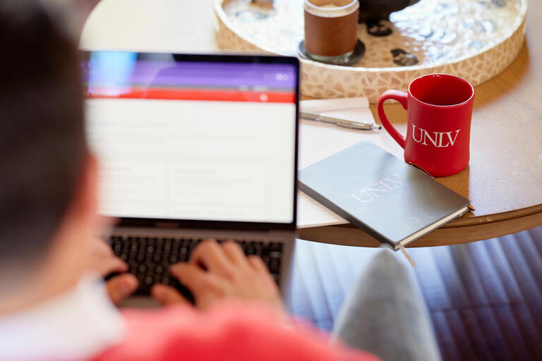 A man on a UNLV site on his laptop. A UNLV branded mug and notebook on the coffee table by him.