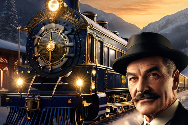 A train in the background, a man looks towards the viewer in this image.