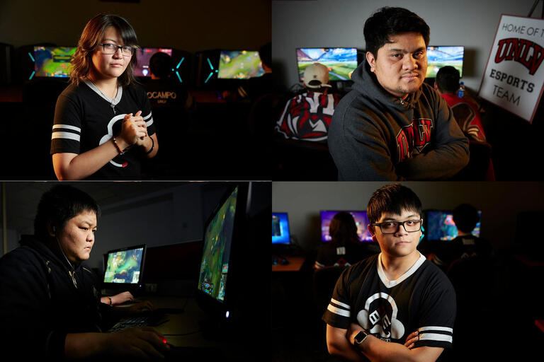 Portraits of four students with computer screens in background