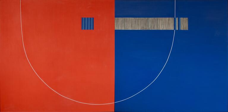 A painting split in two. The left half is bright red, the right half is deep blue. A white line curves down across both halves in a U-shape, cupping a portion of them both. The red side sports a small, striped blue box, which is paralleled on the blue side by a rectangle fogged with gray lines.