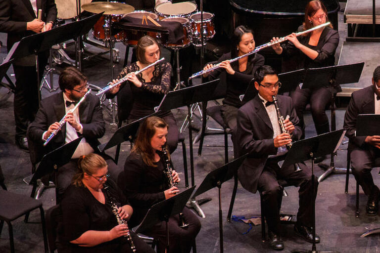 Musicians in an orchestra perform on a stage.