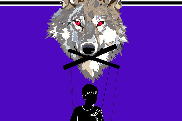 A wolf holds a puppet on strings in his mouth in this promotional drawing.