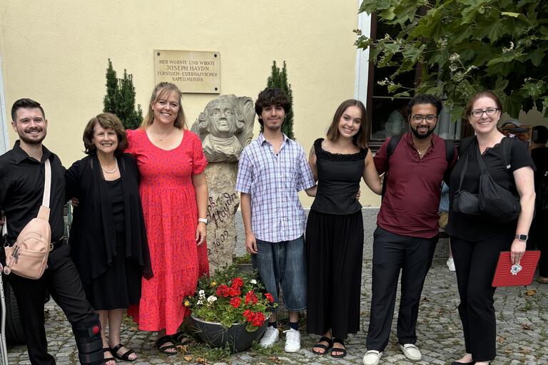 Left to Right: Andrew Vasquez (student), Dean Nancy Uscher, Kimberley James (faculty), Jonathon Rosas Gutierrez (student), Madelyn Salazar (student), Rizwan Jagani (alumnus), Ashlea Sheridan (DMA student)