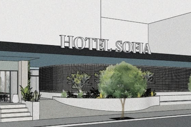 Architectural design of a building with hotel name &quot;Hotel Sofia&quot; clearly visible.