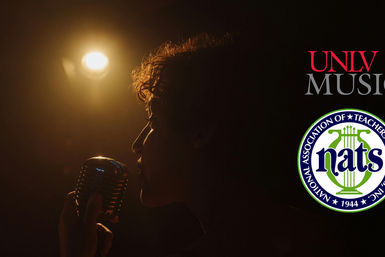 silhouette of a singer and a microphone, backlit by a yellow light and logos for UNLV MUSIC and NATS