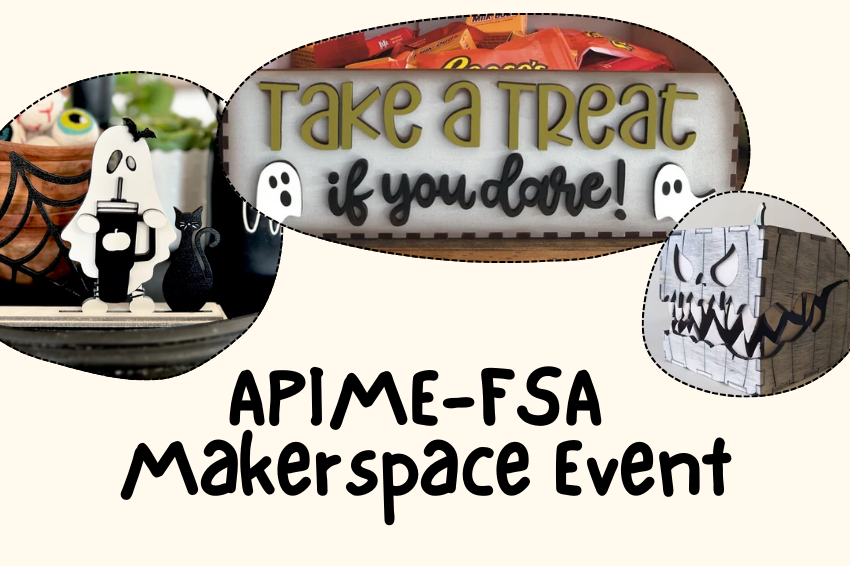 Collage of three pieces of Halloween decor. APIME-FSA makerspace event