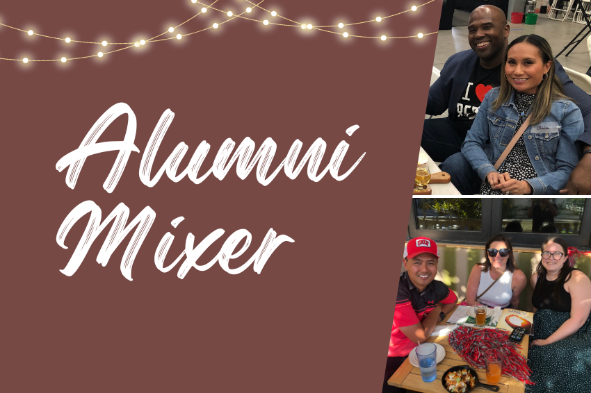 College of Education Alumni Mixer. Two photos of alumni having fun at previous mixer events.