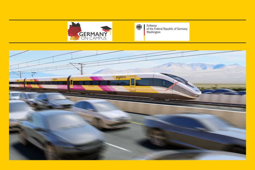 Germany on Campus image of a high-speed train and cars