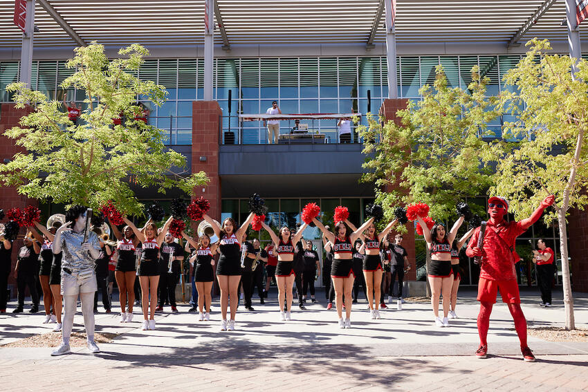 UNLV cheerleaders performing with the Rebel Cheer Squad at Pida Plaza