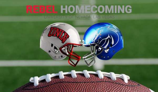 Rebel Homecoming logo with football helmets and a football