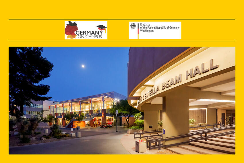 Photo of Frank Beam and Estella Hall. Logos for Germany on Campus and the Embassy of the Federal Republic of Germany Washington