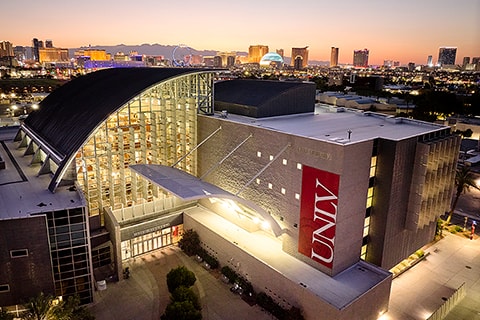 Lied Library with the Las Vegas strip in the background